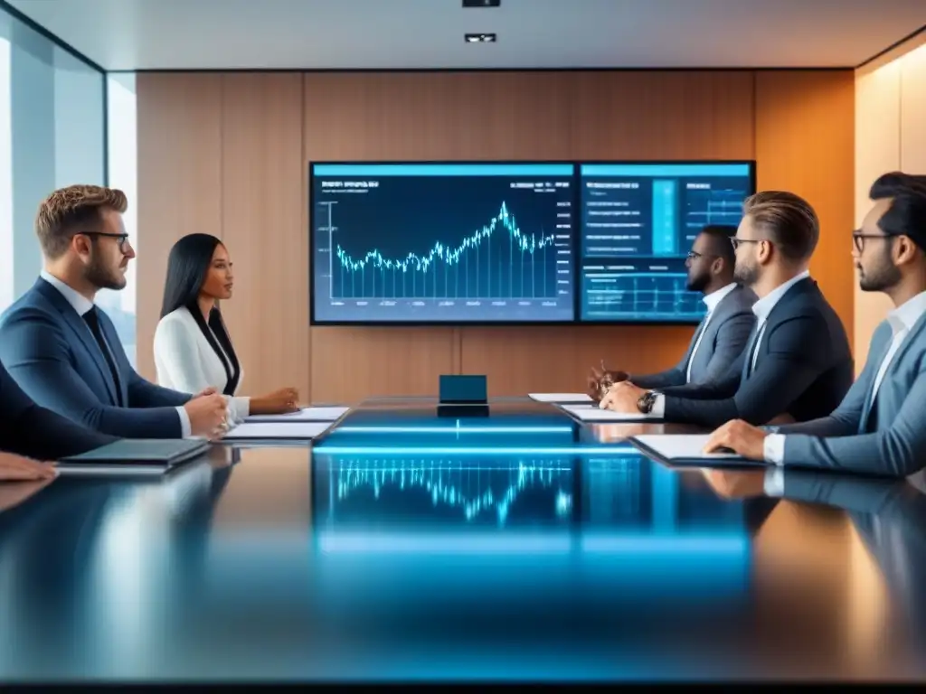 Profesionales en reunión: análisis financiero y tendencias inmobiliarias Profesionales debatiendo estrategias en sala de reuniones futurista, analizando datos financieros