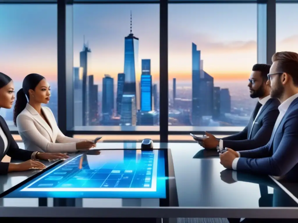 Profesionales discuten estrategias de seguros en gestión inmobiliaria en una oficina futurista con tecnología de vanguardia y vistas a la ciudad