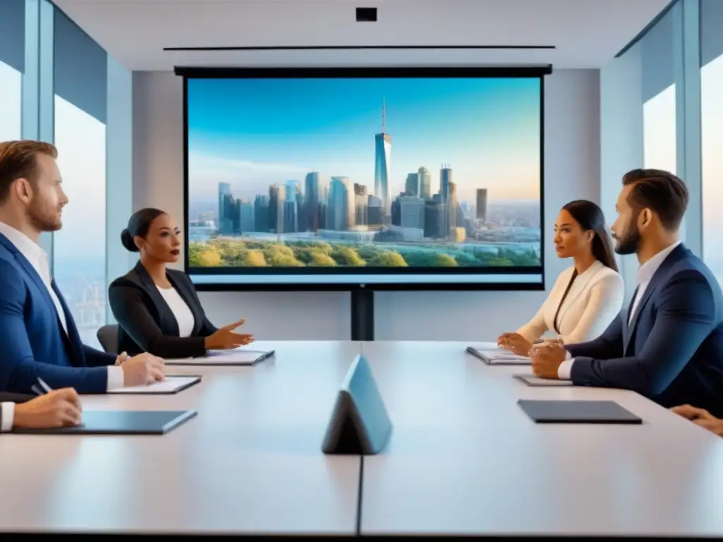 Profesionales discuten estrategias de seguros en sala tecnológica Profesionales discuten estrategias de seguros en sala tecnológica con vista a la ciudad