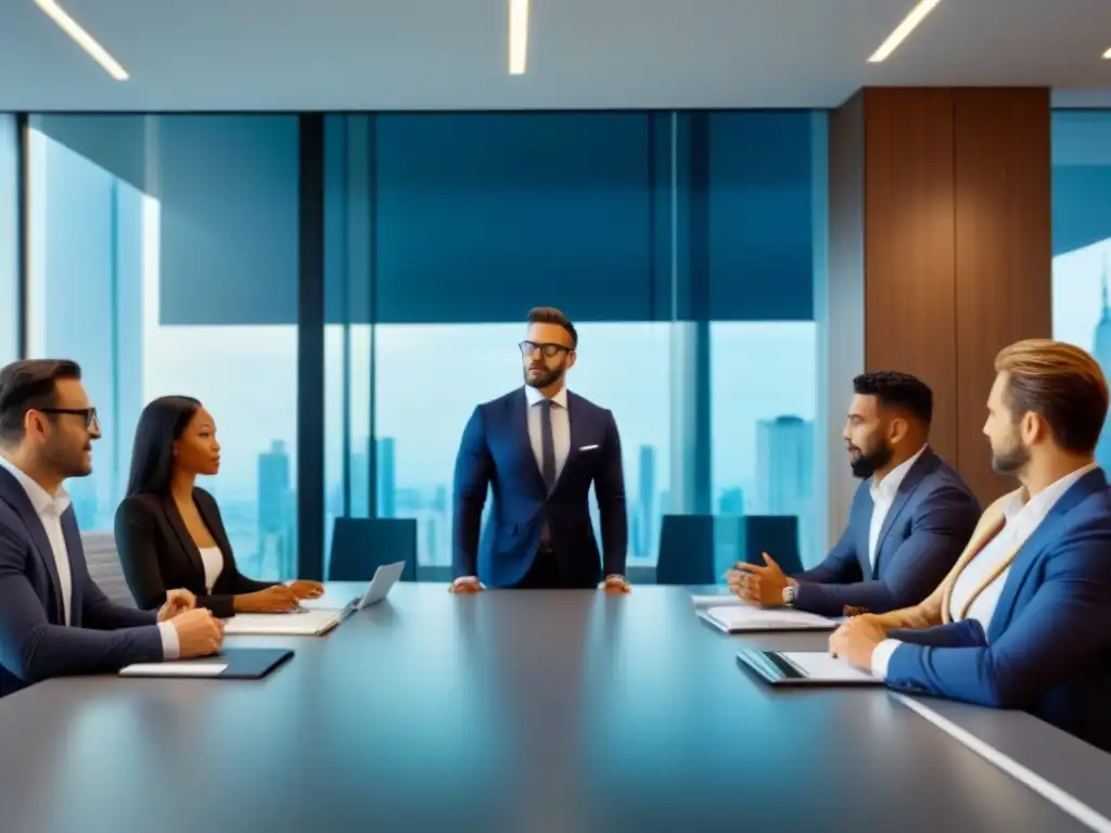 Profesionales globales debaten estrategias fiscales en oficina moderna Profesionales debaten estrategias tributarias en consultoría fiscal activos inmobiliarios internacionales en oficina moderna
