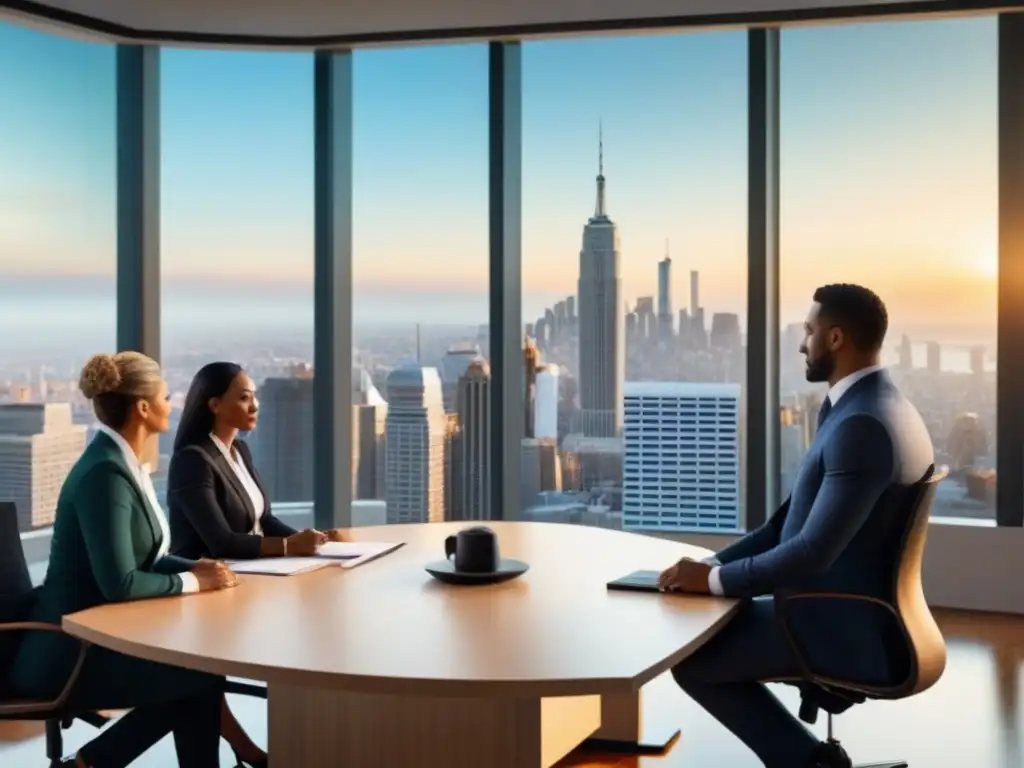 Oficina moderna: profesionales debaten ética en financiamiento inmobiliario Profesionales debatiendo ética en financiamiento inmobiliario en oficina moderna con vista a la ciudad