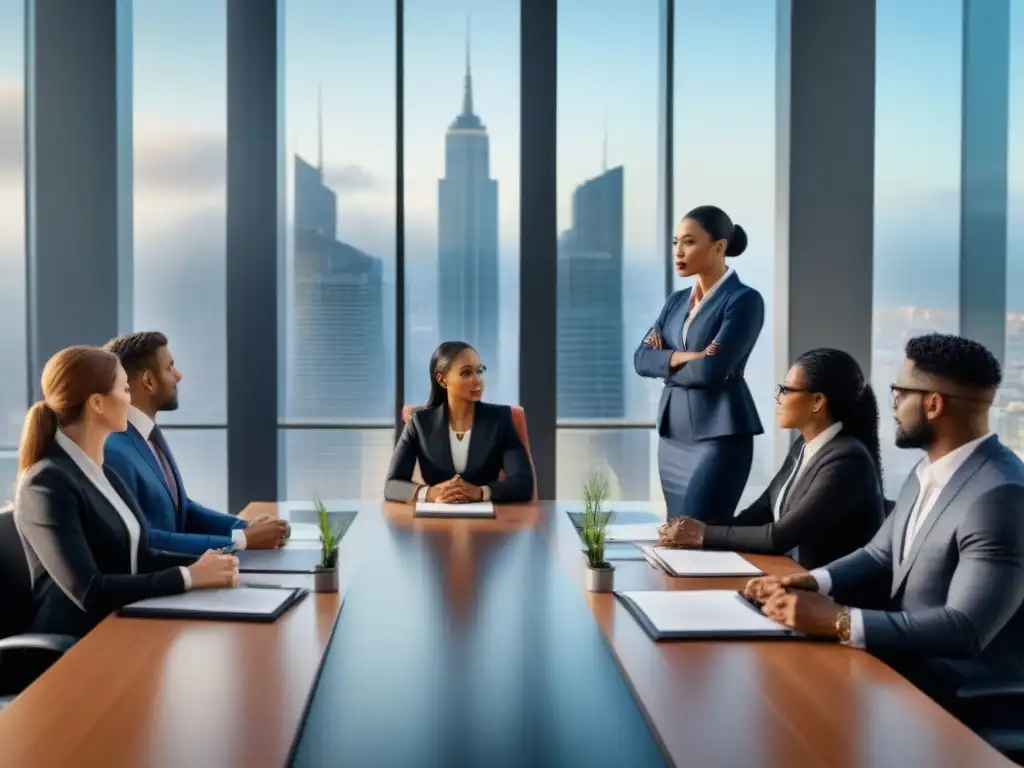 Profesionales debatiendo ética financiera en moderna oficina Profesionales diversos discuten ética financiera en moderna oficina con vista a la ciudad