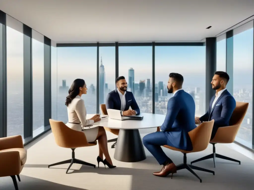 Profesionales de diferentes etnias discuten financiamiento inmobiliario en oficina moderna con vista panorámica a zona exclusiva