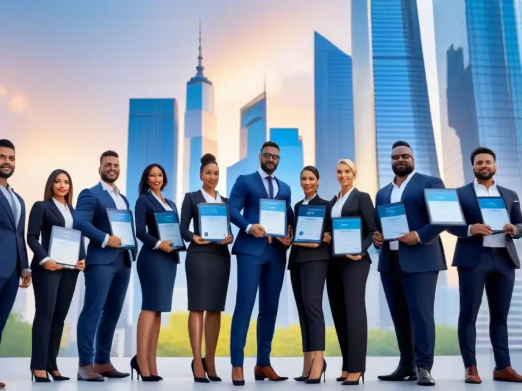 Profesionales exitosos con certificaciones en finanzas inmobiliarias Profesionales exitosos con certificaciones en finanzas inmobiliarias en una ciudad futurista