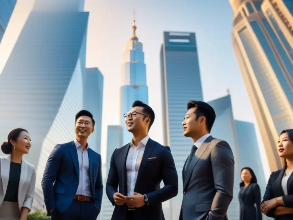 Escena financiera asiática: colaboración y éxito en el sector inmobiliario Profesionales exitosos discuten en distrito financiero asiático, simbolizando colaboración