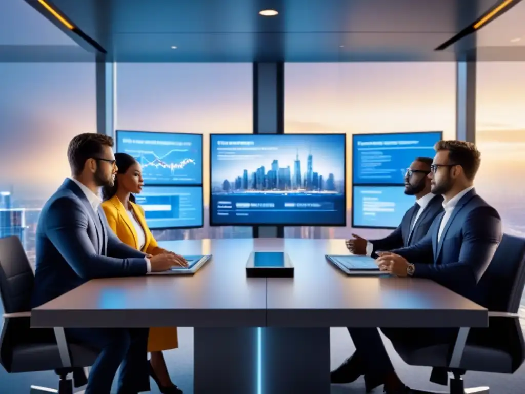 Profesionales discuten estrategias de inversión inmobiliaria en sala futurista Profesionales exitosos discuten estrategias de inversión inmobiliaria en una sala futurista con vista a la ciudad y marcas de seguros en segundo plano