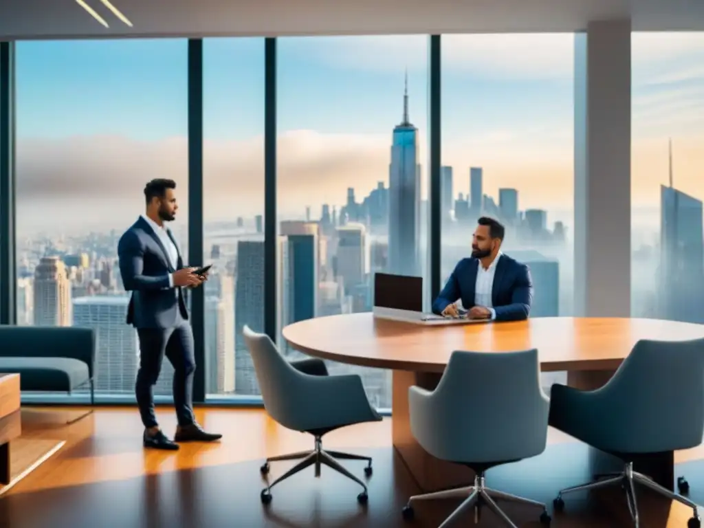 Profesionales exitosos discuten financiamiento inmobiliario en moderna oficina con vista a la ciudad