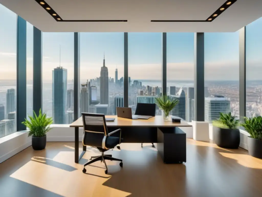 Profesionales exitosos en oficina inmobiliaria moderna con vista panorámica urbana