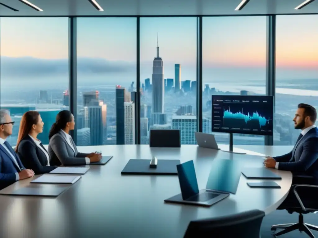 Equipo diverso en firma inmobiliaria: Estrategias de inversión en REIT Diversos profesionales exitosos en una sala de juntas moderna discuten estrategias de inversión pasiva en REITs comerciales