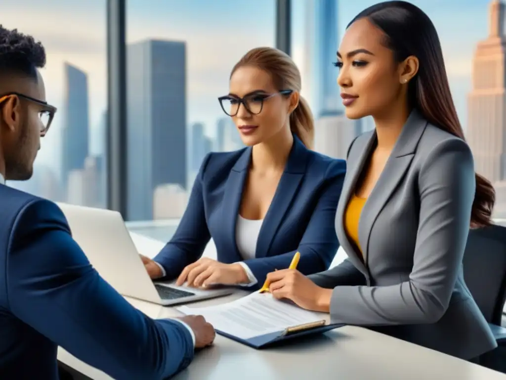 Equipo profesional diverso en oficina moderna Profesionales expertos discutiendo cláusulas contrato préstamo inmobiliario en moderna oficina urbana
