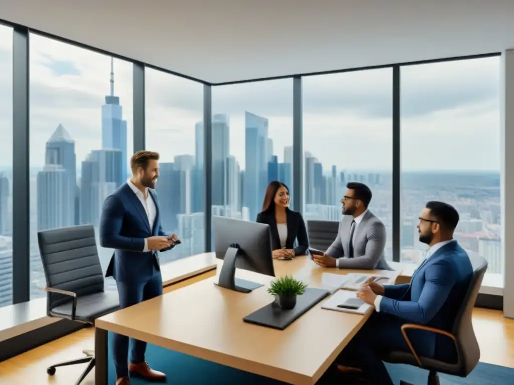 Profesionales y familias consultan opciones de hipoteca en oficina moderna Profesionales y familias consultan opciones de préstamo hipotecario en oficina moderna