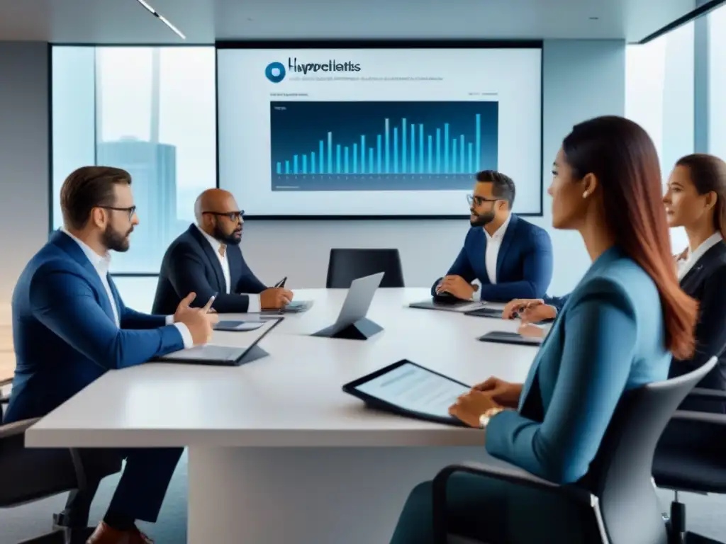 Profesionales debatiendo sobre finanzas inmobiliarias en sala moderna Profesionales discuten financiamiento creativo sindicación inmobiliaria en sala moderna y luminosa con tecnología avanzada