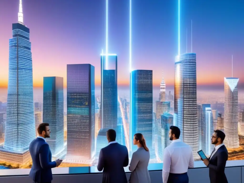 Innovación blockchain en transacciones inmobiliarias Profesionales discuten sobre financiamiento inmobiliario con blockchain en ciudad futurista al anochecer