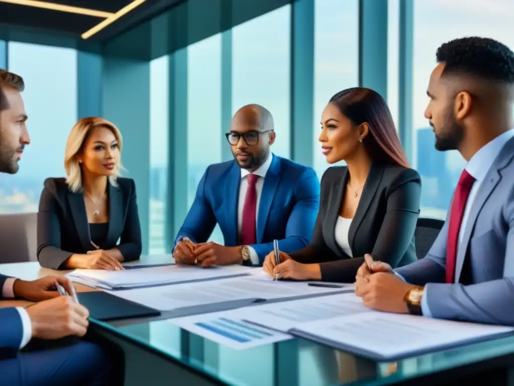 Equipo diverso de profesionales colaborando en financiamiento inmobiliario Profesionales colaborando en financiamiento inmobiliario para desarrollo regional