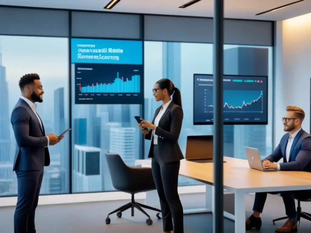 Equipo diverso planificando inversión inmobiliaria en espacio futurista Profesionales colaborando en financiamiento inmobiliario en economía compartida en moderna oficina futurista