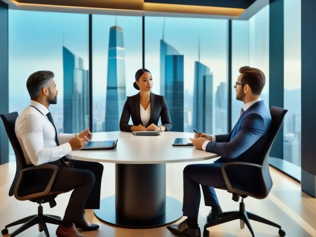 Profesionales debatiendo en oficina moderna con vista a la ciudad Profesionales discuten sobre financiamiento inmobiliario para extranjeros en una oficina sofisticada