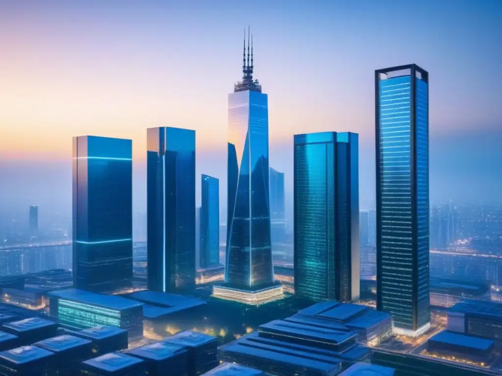 Innovación blockchain en financiamiento inmobiliario Profesionales colaborando en financiamiento inmobiliario legal con blockchain en una ciudad futurista al amanecer