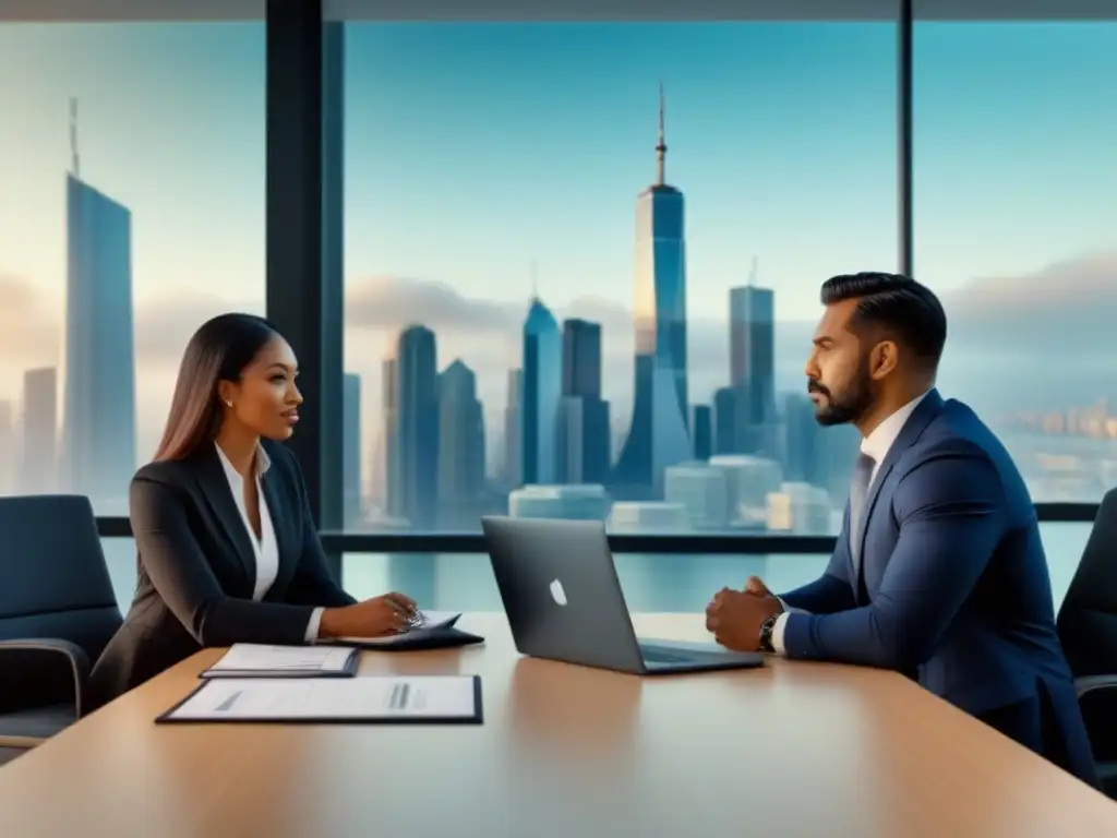 Reunión profesional diversa en oficina moderna: financiamiento inmobiliario internacional Profesionales diversos discuten financiamiento inmobiliario en mercados extranjeros en oficina moderna