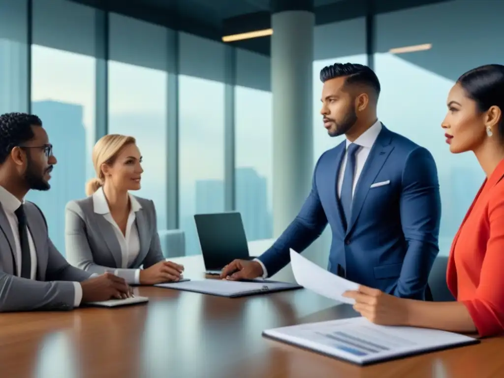Profesionales diversos en reunión de finanzas inmobiliarias Profesionales diversos discuten financiamiento inmobiliario para minorías en una moderna oficina inclusiva