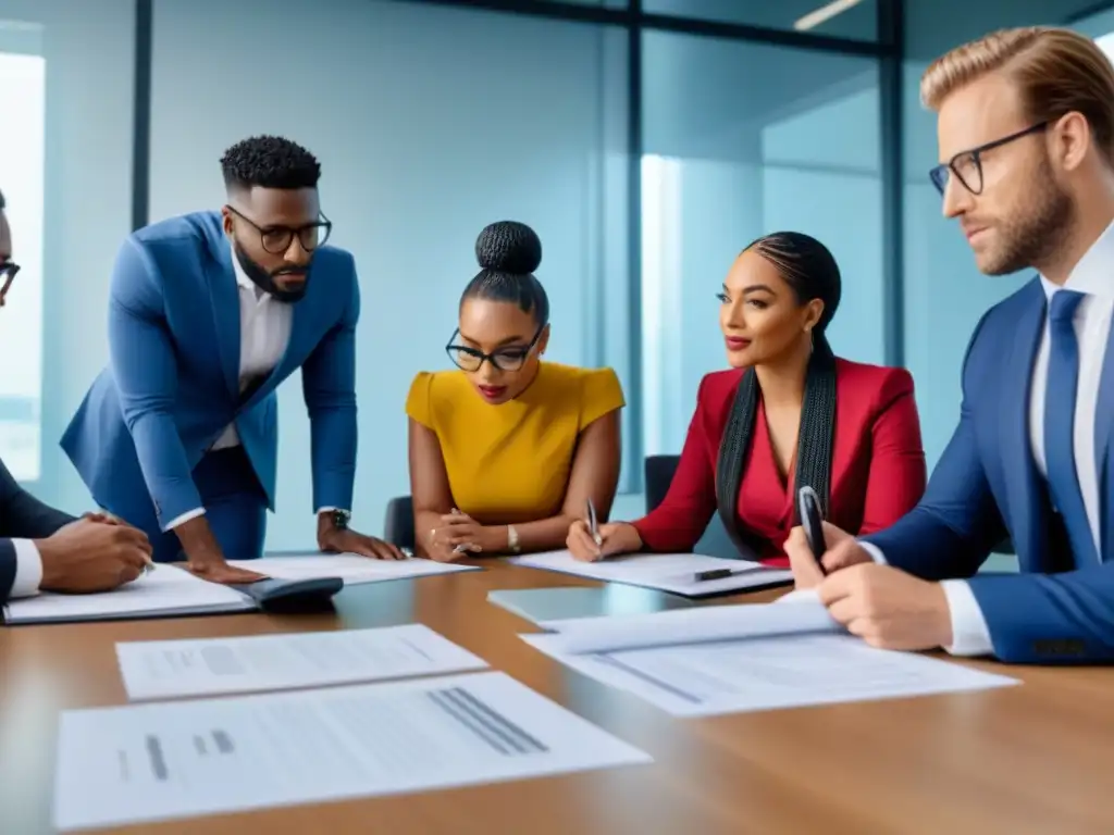 Profesionales diversos discuten financiamiento inmobiliario para minorías en oficina moderna