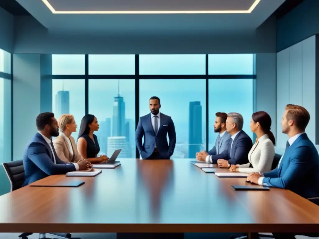 Negociación exitosa: Profesionales colaborativos en oficina moderna Profesionales negocian financiamiento inmobiliario en moderna oficina, mostrando colaboración y determinación