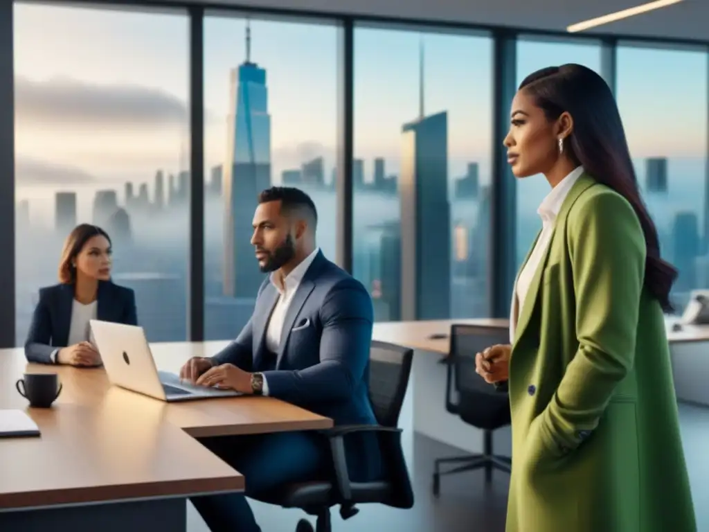Profesionales diversificados en oficina moderna discuten financiamiento inmobiliario Profesionales diversos discuten financiamiento inmobiliario en oficina moderna
