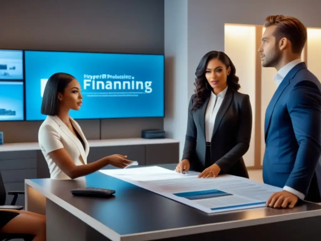 Profesionales debaten financiamiento inmobiliario en oficina moderna Profesionales debatiendo sobre financiamiento inmobiliario para principiantes en una oficina moderna