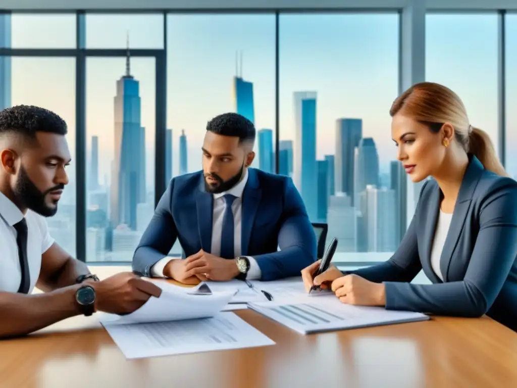 Profesionales discutiendo hipoteca en oficina moderna Profesionales discuten financiamiento inmobiliario para principiantes en moderna oficina con vista a la ciudad