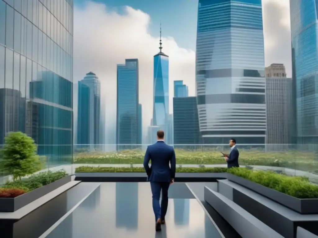 Profesionales en ciudad financiera: negocios y colaboración en rascacielos Profesionales financiamiento REITs proyectos inmobiliarios en moderna ciudad de rascacielos