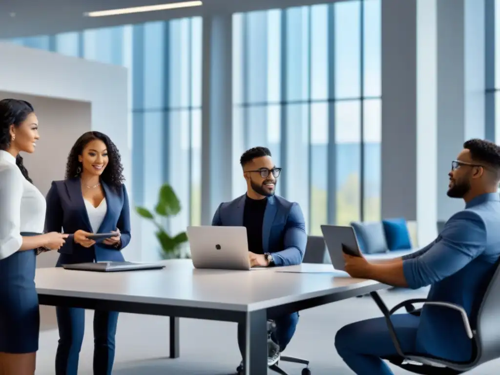 Microlearning financiero: Profesionales diversos en sesión educativa Profesionales en microlearning de educación financiera inmobiliaria en una oficina moderna