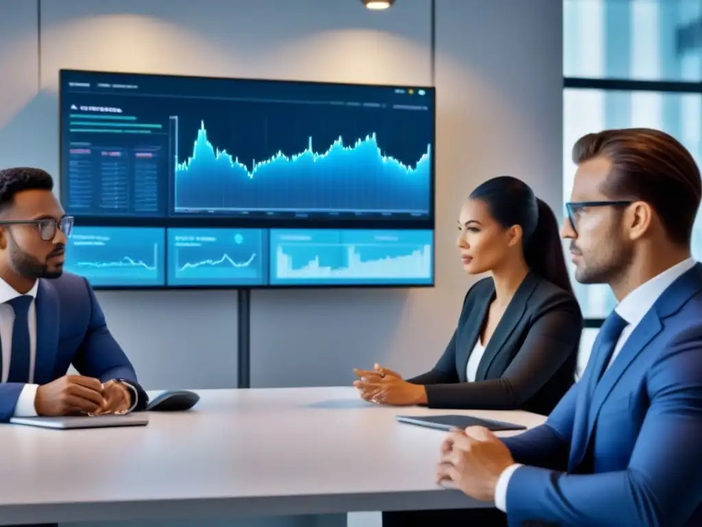 Profesionales financieros en discusión frente a holograma innovador Profesionales financieros discuten datos en pantalla futurista