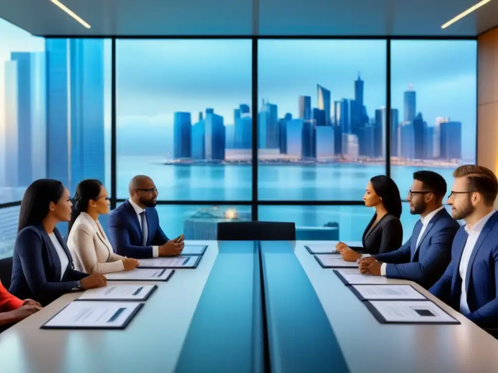 Reunión estratégica de profesionales financieros en moderna sala de juntas Profesionales financieros diversificados discuten estrategias en una moderna sala de juntas con vista a la ciudad