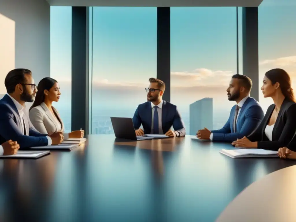 Profesionales financieros en reunión estratégica de inversión inmobiliaria Profesionales financieros diversificados discuten estrategias de inversión inmobiliaria, mostrando colaboración y expertise en riesgo crediticio en préstamos inmobiliarios