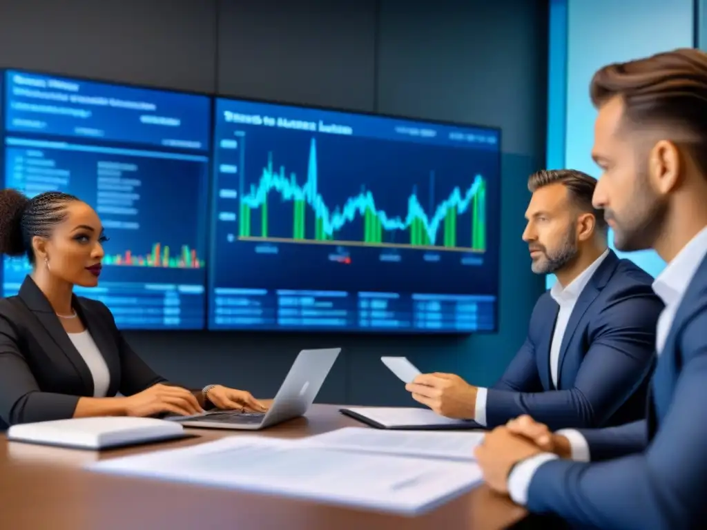 Profesionales financieros analizan Jumbo loans en ambiente moderno Profesionales financieros analizando documentos sobre préstamos Jumbo en moderna oficina