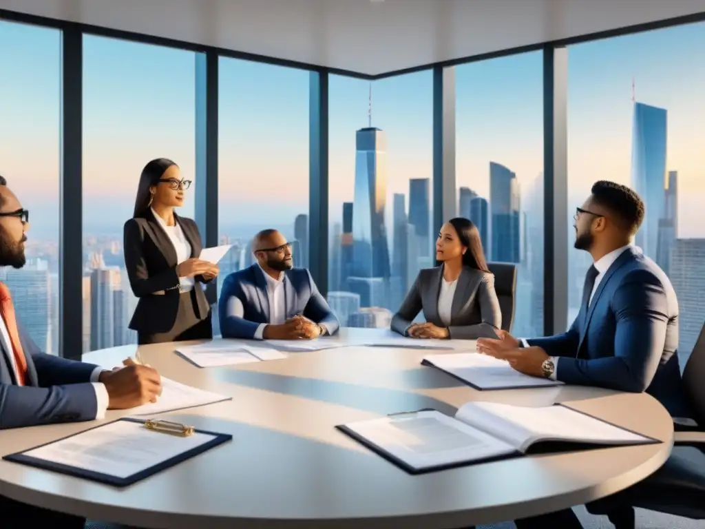 Profesionales debaten sobre impuestos inmobiliarios en oficina moderna Profesionales debatiendo fiscalidad ganancias capital bienes raíces en moderna oficina con skyline urbano