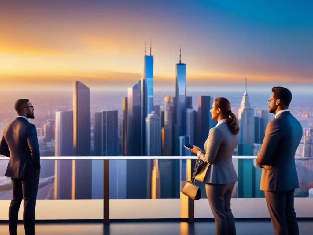 Skyline urbano al atardecer con profesionales y gráficos en ascenso Profesionales debatiendo frente a la ciudad moderna al atardecer, reflejando el impacto en el mercado inmobiliario