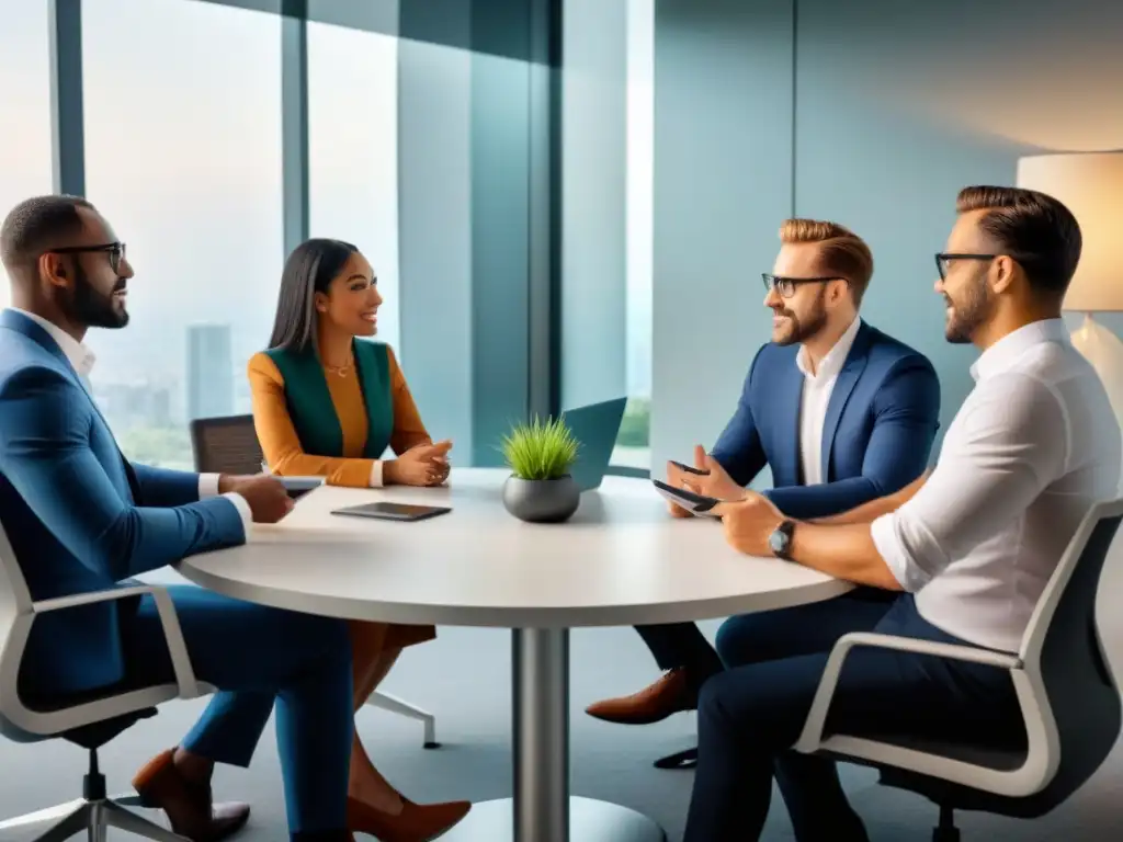 Conversación generacional sobre inversiones inmobiliarias Profesionales de diferentes generaciones debatiendo inversiones inmobiliarias en una oficina moderna