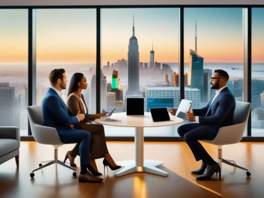 Profesionales debatiendo préstamos éticos en oficina moderna Profesionales de diferentes generaciones debaten sobre préstamos inmobiliarios éticos en moderna oficina corporativa