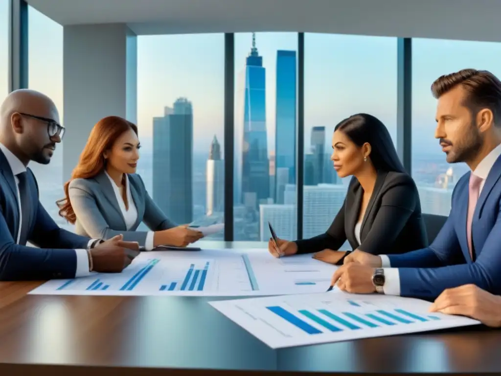 Profesionales discuten diversificación de préstamos inmobiliarios Profesionales discuten gráficos sobre diversificación en préstamos inmobiliarios en ambiente moderno con vista a la ciudad