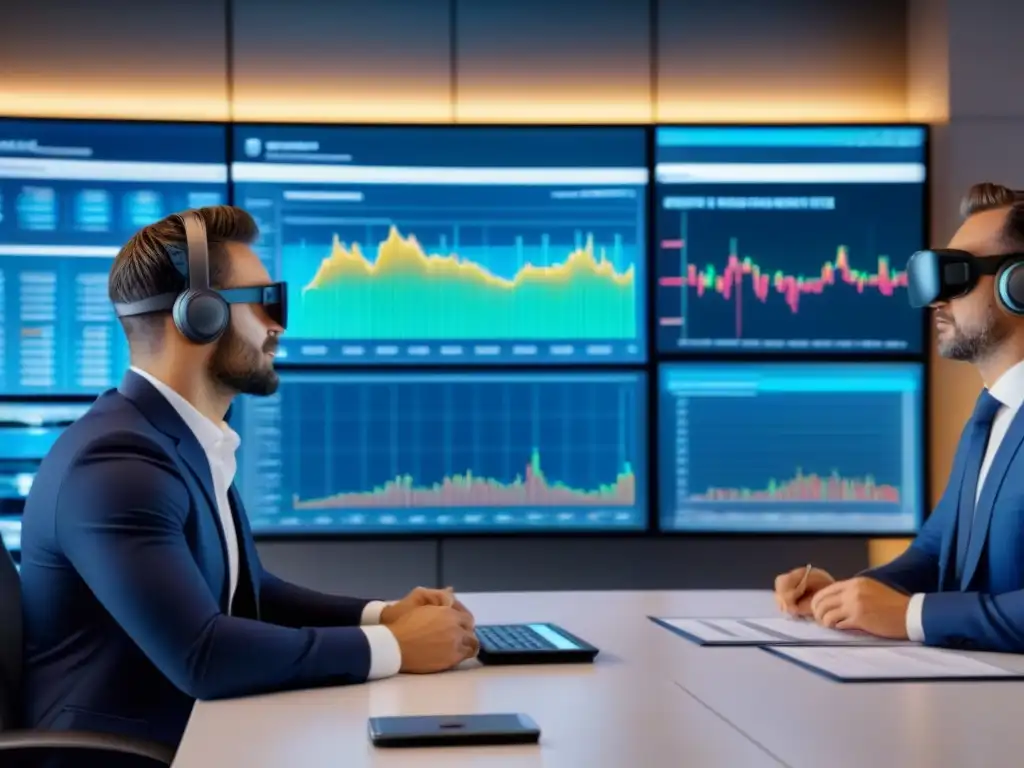 Profesionales analizan estrategias inmobiliarias con tecnología avanzada Profesionales analizando gráficos financieros en moderna sala de juntas
