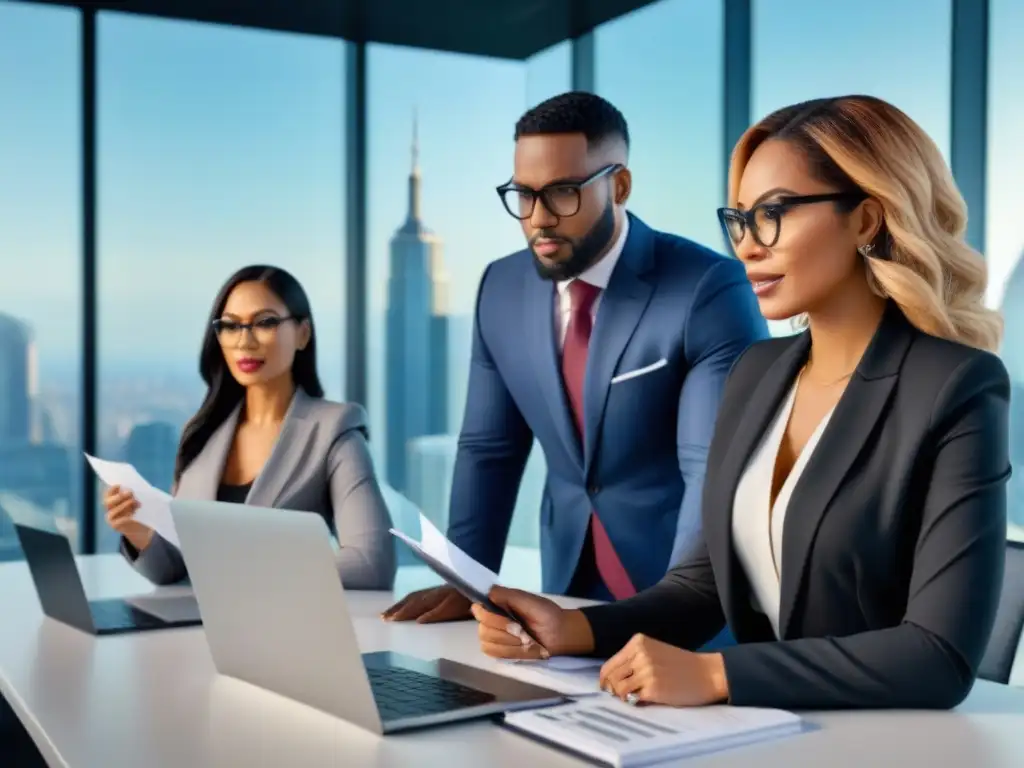 Equipo diverso analizando gráficos financieros en oficina luminosa Profesionales diversos discuten gráficos financieros en una oficina luminosa con vista a la ciudad