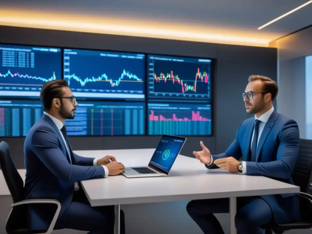 Profesionales serios analizan gráficos financieros en moderna oficina Profesionales analizan gráficos financieros en una oficina moderna