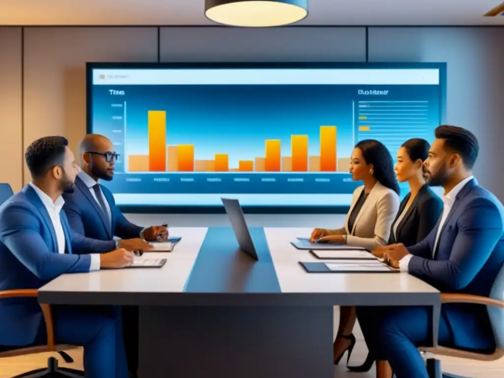 Profesionales analizan inversión inmobiliaria global en sala moderna Profesionales analizan gráficos de inversión inmobiliaria extranjera en sala moderna