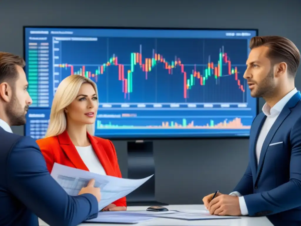 Profesionales analizan gráficos de divisas en moderna oficina Profesionales analizando gráficos de monedas para préstamo inmobiliario en Europa