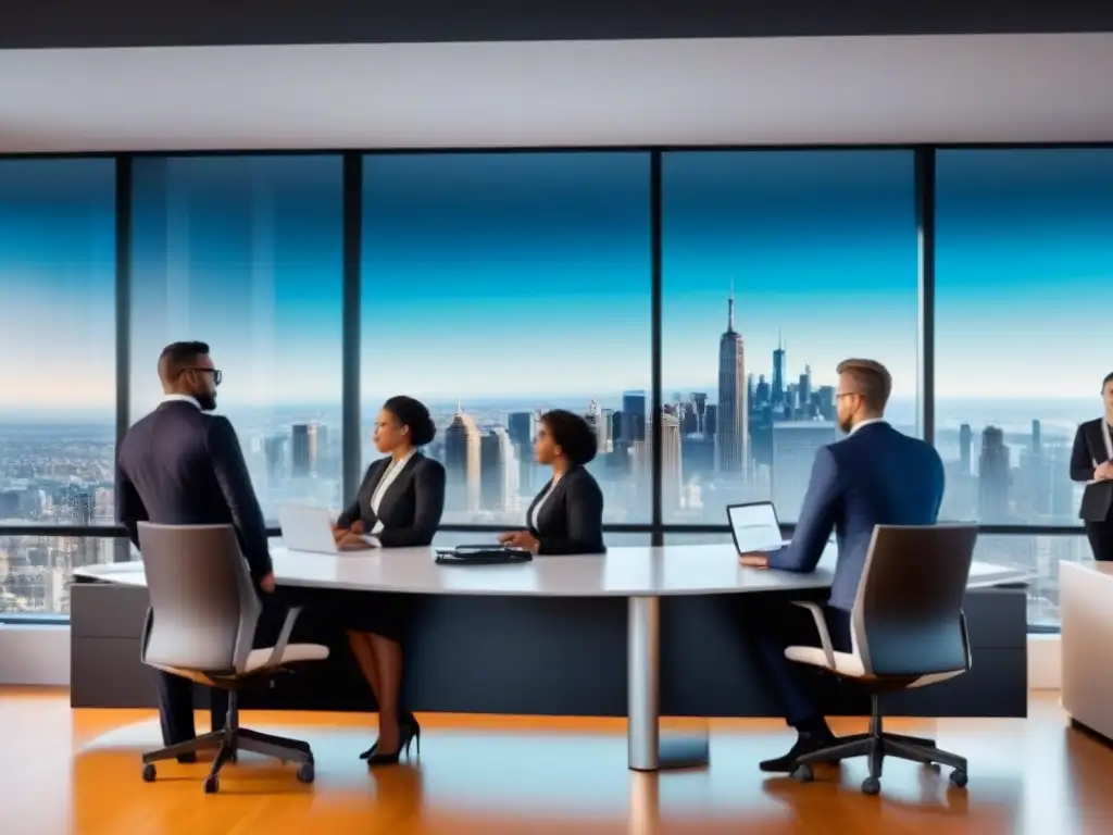 Profesionales analizando datos económicos en oficina moderna Profesionales analizando gráficos en pantalla gigante