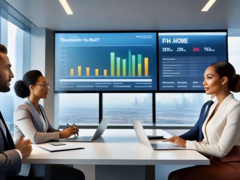 Profesionales analizando gráficos financieros en oficina moderna Profesionales analizan gráficos de tasas interés préstamos FHA en oficina moderna con vista a la ciudad