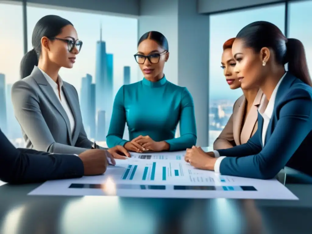 Profesionales diversificados colaboran en innovadoras hipotecas Profesionales discuten hipotecas basadas en ingresos futuros en ambiente innovador y colaborativo