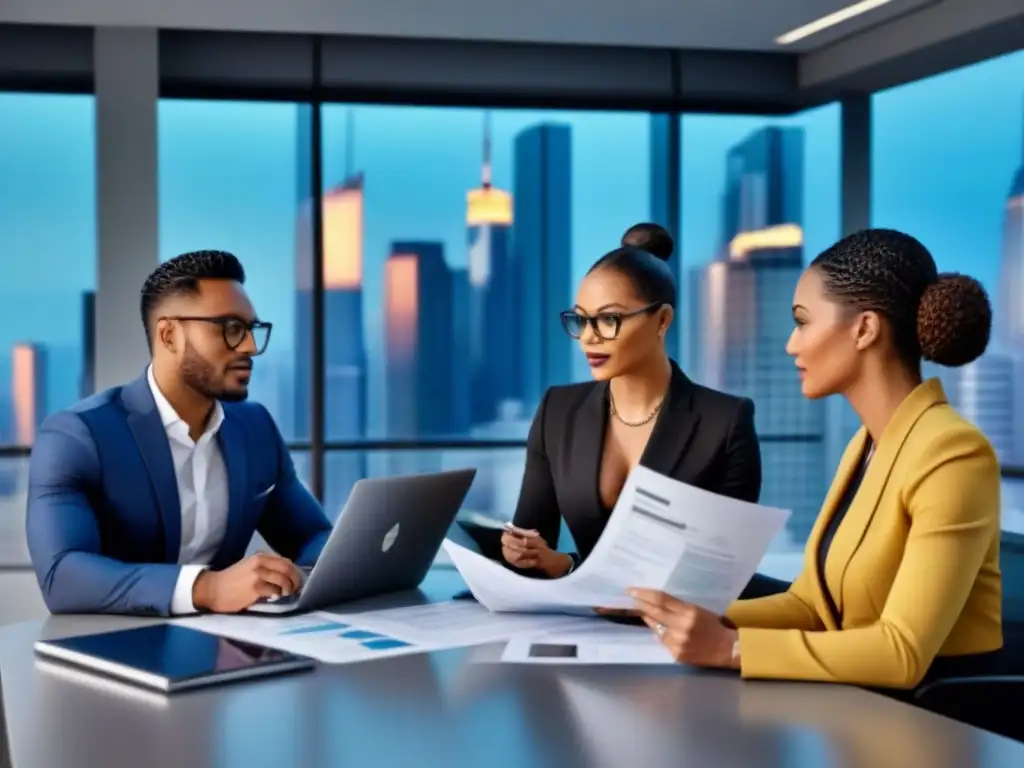 Profesionales diversificados discutiendo hipotecas en oficina moderna Profesionales diversos discuten hipotecas basadas en ingresos futuros en oficina moderna con vista urbana