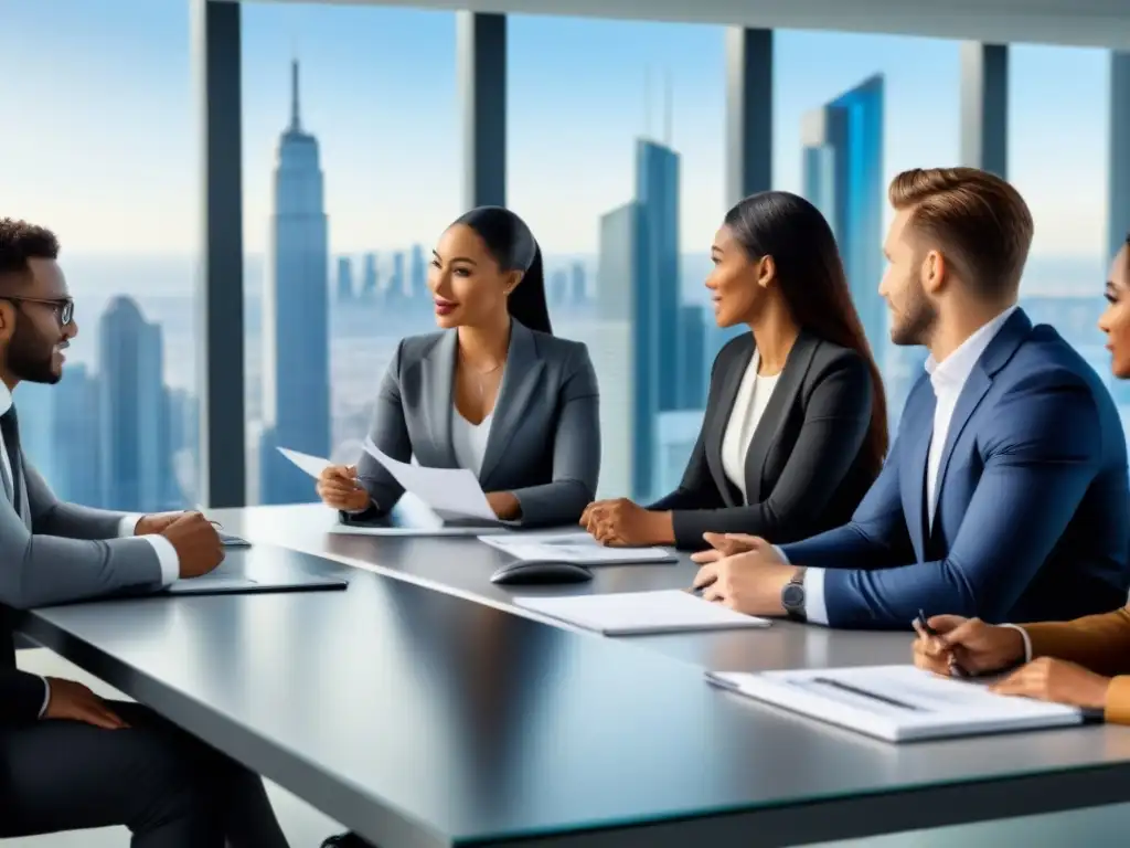 Reunión de profesionales en ambiente innovador Profesionales diversos intercambian ideas en una mesa futurista, reflejando éxito financiero en inmobiliaria