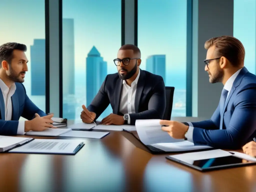 Profesionales debatiendo sobre inversiones inmobiliarias Profesionales debaten sobre impacto de impuestos en rentabilidad inmobiliaria
